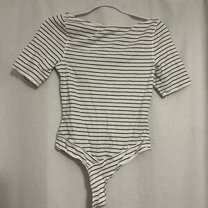 Striped White & Black Short-Sleeve Bodysuit
